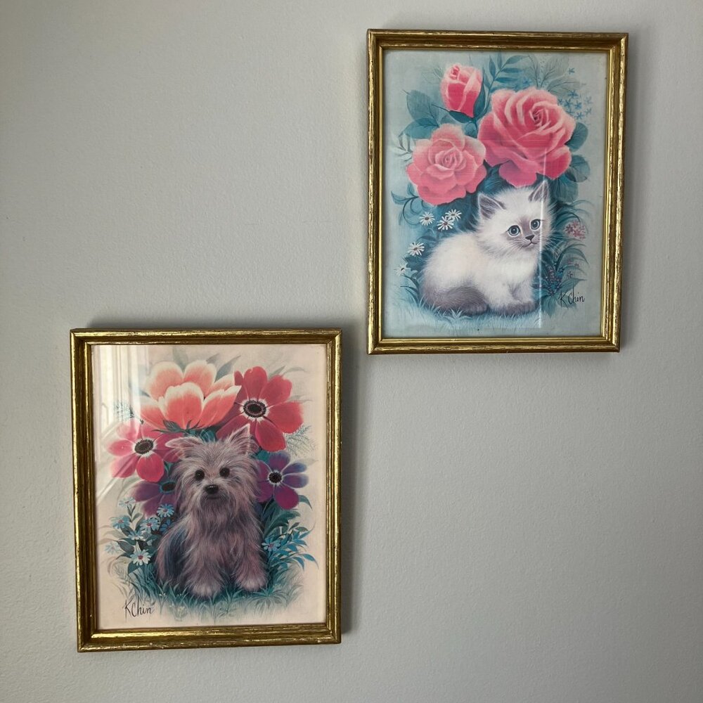 70s  K Chin Kitten & Flowers & Puppies Framed Art Prints Kids Room Wall Decor
